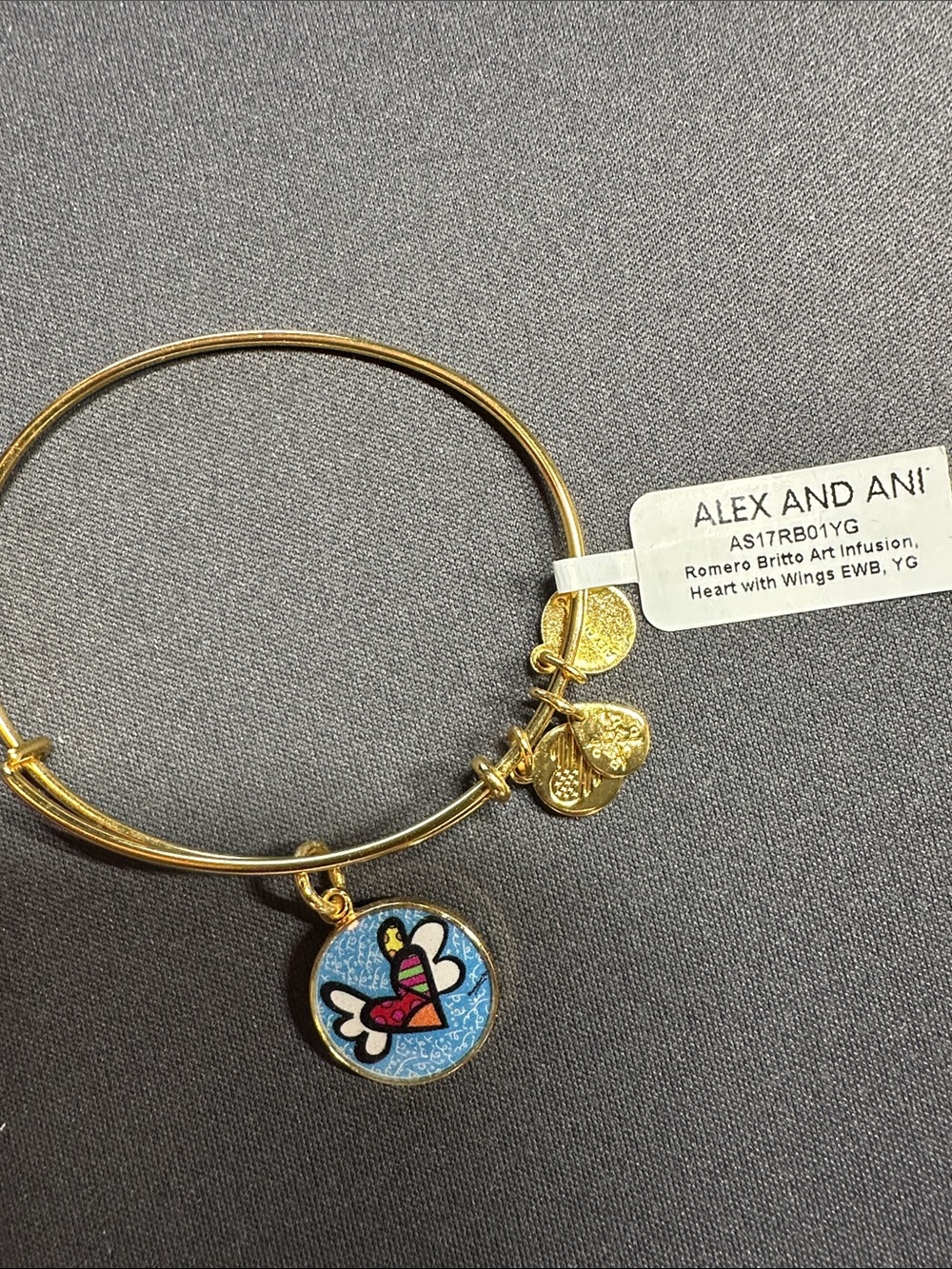 Alex and Ani Gold Bracelet with Blue Romero Britto Heart Charm
